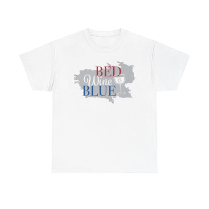 Unisex Heavy Cotton Tee with 'Bed, Wine, Blue' Design | Casual Wear, Gift for Wine Lovers, Fun T-Shirt, Relaxation Apparel, Summer Vibes