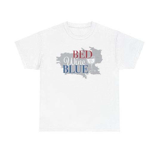 Unisex Heavy Cotton Tee with 'Bed, Wine, Blue' Design | Casual Wear, Gift for Wine Lovers, Fun T-Shirt, Relaxation Apparel, Summer Vibes