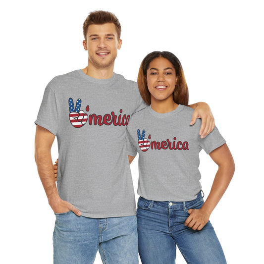 Unisex Heavy Cotton Tee with Peace Sign - Perfect for 4th of July, Family Gatherings, Casual Wear, Gifts, Celebrations